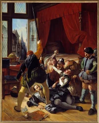 Guerra di religione: «Scena della notte di San Bartolomeo, assassinio di Briou, governatore del principe di Conti, 24/08/1572». 1833. Sole. 1,64 x 1,3 m