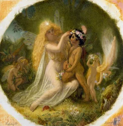 "Titania, principessa delle fate, e il giovane indiano che ha fatto suo paggio" Illustrazione per "Sogno di una notte di mezza estate" di William Shakespeare. Dipinto di Joseph Noel Paton (1821-1901) Collezione privata