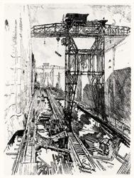 Gru alla Chiusa di Miraflores, tavola XXII da Il Canale di Panama di Joseph Pennell, 1912