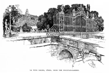 Nîmes (Gard, Linguadoca): la Torre Magne vista dal Giardino Fontaine nel 1888 (incisione)