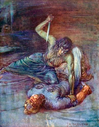 Lo portò a terra e si inginocchiò sul suo petto (litografia a colori)