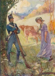 Laura Secord passa davanti alle sentinelle americane con una mucca, c. 1909, c. 1920