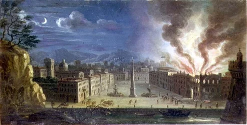 Una piazza in un porto italiano con un edificio in fiamme di notte