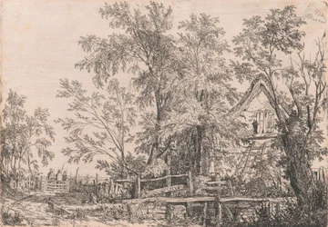 Cottage abbandonato nel paesaggio con figure