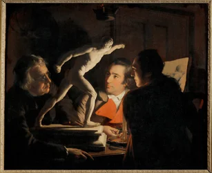 Alla luce di una candela, tre uomini studiano una piccola ... (dipinto su tela)