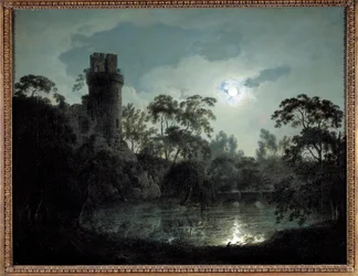 Chiaro di luna con lago e castello. Paesaggio notturno romantico