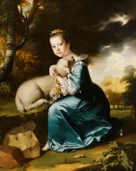 Ritratto di Miss Frances Warren, inginocchiata a figura intera in un parco boscoso, con un vestito blu e un agnello