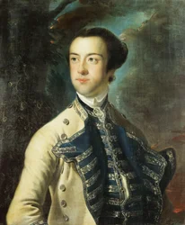 Ritratto di Thomas Hanway, mezzo busto, in un cappotto beige con rifiniture blu e argento, e un panciotto blu e argento, con un cappello sotto il braccio, in un paesaggio