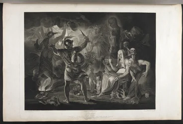 Macbeth. Atto IV. Scena I. Una caverna oscura. Al centro un calderone bollente. Tre streghe. Macbeth. Ecate. Macbeth affronta le streghe e le apparizioni; ai suoi piedi, dentro un serpente avvolto, stanno un bambino insanguinato e un bambino con una corona