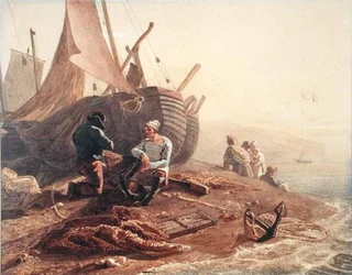 Pescatori che riparano le reti