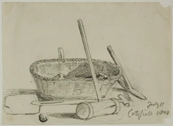 Cesto di vimini, mazza, pala, piccone