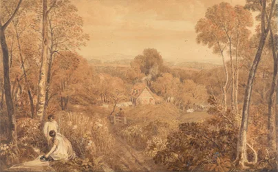Paesaggio boscoso con cottage e contadine, Hurley, Berkshire
