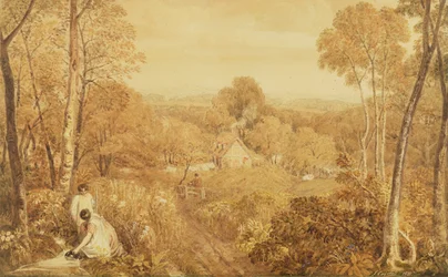 Paesaggio boscoso con cottage e contadine, Hurley, Berks, 1818