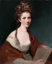 Ritratto di Angelica Kauffmann, mezzo busto in bianco con uno scialle rosso
