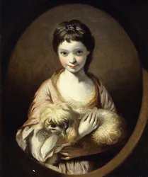 Ritratto di Miss Emilia Vansittart, mezzo busto, con un vestito rosa e bianco che tiene un cane