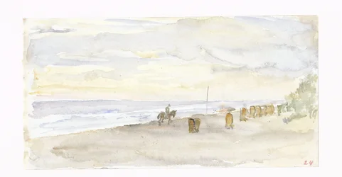 Veduta di spiaggia con cavaliere e sedie da spiaggia