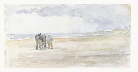 Uomo con cavallo e carro sulla spiaggia