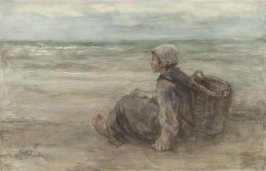 Ragazza pescatrice sulla spiaggia