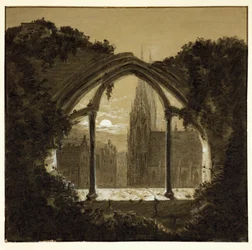 Cattedrale gotica vista attraverso le rovine di un castello ... (disegno a carboncino)