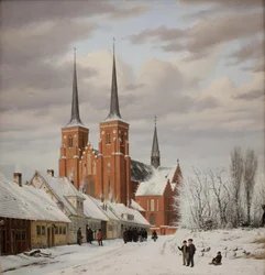 Strada a Roskilde. Sullo sfondo la cattedrale