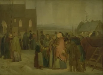 Contadini fuori dalla chiesa la mattina di Natale