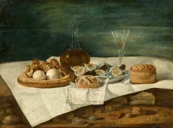 Natura morta con pasticcini, vino e uova