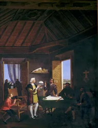 Il fisico Garcia Fernandez Pera Juan Perez e Martin Alonso Pinzon conversano nella sala capitolare del monastero dell