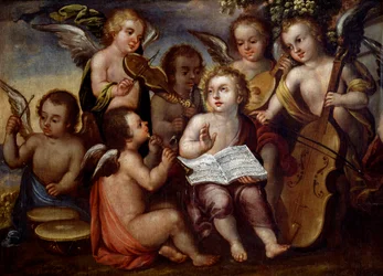 Bambino Gesù con angeli che suonano strumenti musicali