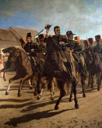 Il generale Jose de San Martin (1778-1850) con il suo staff mentre ispeziona le truppe a Rancagua, Cile