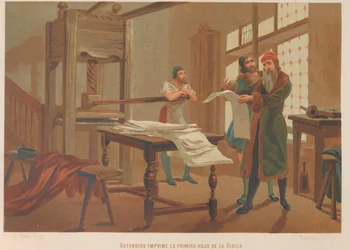Gutenberg stampa la prima pagina della Bibbia. Da: La ciencia y sus hombres