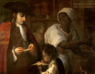 Uno spagnolo e una donna nera generano una mulatta, ca. 1715