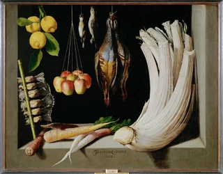 Natura morta di caccia con uccelli, verdure e limoni (dipinto su tela)