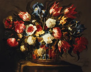 Fiori in un cesto su un davanzale di pietra