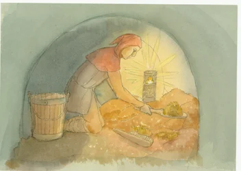 Un addetto medievale alla pulizia delle latrine al lavoro, 2004