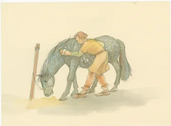Un palafreniere medievale che spazzola un cavallo, 2004