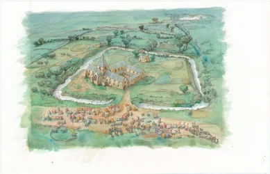 Una ricostruzione pittorica che mostra una vista obliqua del Priorato di Latton come poteva apparire alla fine del XII secolo.