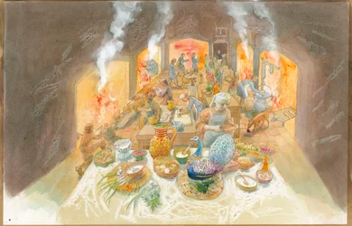 Una scena di cucina altomedievale (acquerello su carta)