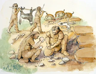 Glaston. Ominidi e iene, Paleolitico medio-superiore (30000 BP), 2001 (acquerello su carta)