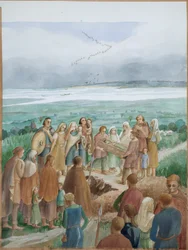 Ricostruzione di una scena di sepoltura sassone (acquerello su carta)