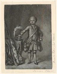 Ritratto di ragazzo in piedi in abbigliamento da caccia; a sinistra tavolo con cappello da caccia e fucile a canna lunga. Principe Peter Carl Ulrich?