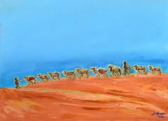 Carovana di cammelli nel deserto