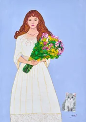 Ragazza con fiori e gattino