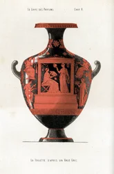 Vaso greco decorato con una donna alla toilette assistita da una schiava che sventola un ventaglio