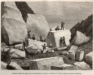 Mormoni che scolpiscono granito per la costruzione del tempio. Incisione dal disegno di J. Ferat, per illustrare la storia La conquista bianca, di William Hepworth Dixon, nel 1875, pubblicato in Le tour du monde, 1876, a cura di Edouard Charton, edizione H