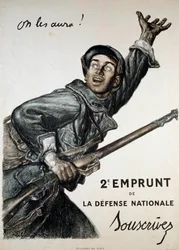 Prima Guerra Mondiale (1914-1918): manifesto di Abel Faivre (1867-1945) per il prestito nazionale. Un soldato esorta il pubblico a sottoscriverlo “Li prenderemo!” - 2° Prestito della Difesa Nazionale - Sottoscrivete
