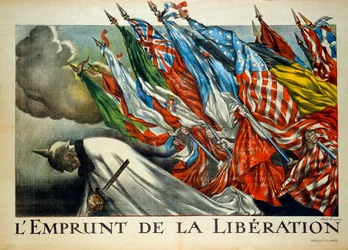 Prima Guerra Mondiale: "Il Prestito della Liberazione", Guglielmo II (1859 - 1941) piegato sotto le bandiere alleate. Illustrazione di Abel Faivre (1867-1945)