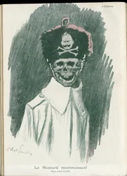 Illustrazione di Abel Faivre (1867-1945) in Fantasio, 01/05/15 - Il grato Ussaro - Guerra del 14-18, Germania Prussiana - Guglielmo II, Mietitore/Compagno - Morte, Volti Sorridenti