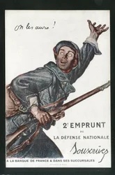 Cartolina, Satirico a Colori: Guerra del 14-18, Prestito, Giornate Patriottiche - Illustrazione di Soldati di Abel Faivre (1867-1945)
