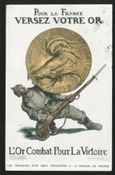Cartolina, Satirico a colori, circa 1915: Per la Francia, Versa il tuo oro - Guerra del 14-18, Germania Prussia, Argento, Belligeranti e simboli, Vittoria, Prestito, Giornate patriottiche - Gallo - Illustrazione di Abel Faivre (1867-1945)