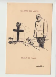 Cartolina, Satirico in N & B, ca. 1915: Giorno dei Morti - Guerra del 14-18, Lutto Funerali - Joffre, Soldati Illustrazione di Abel Faivre